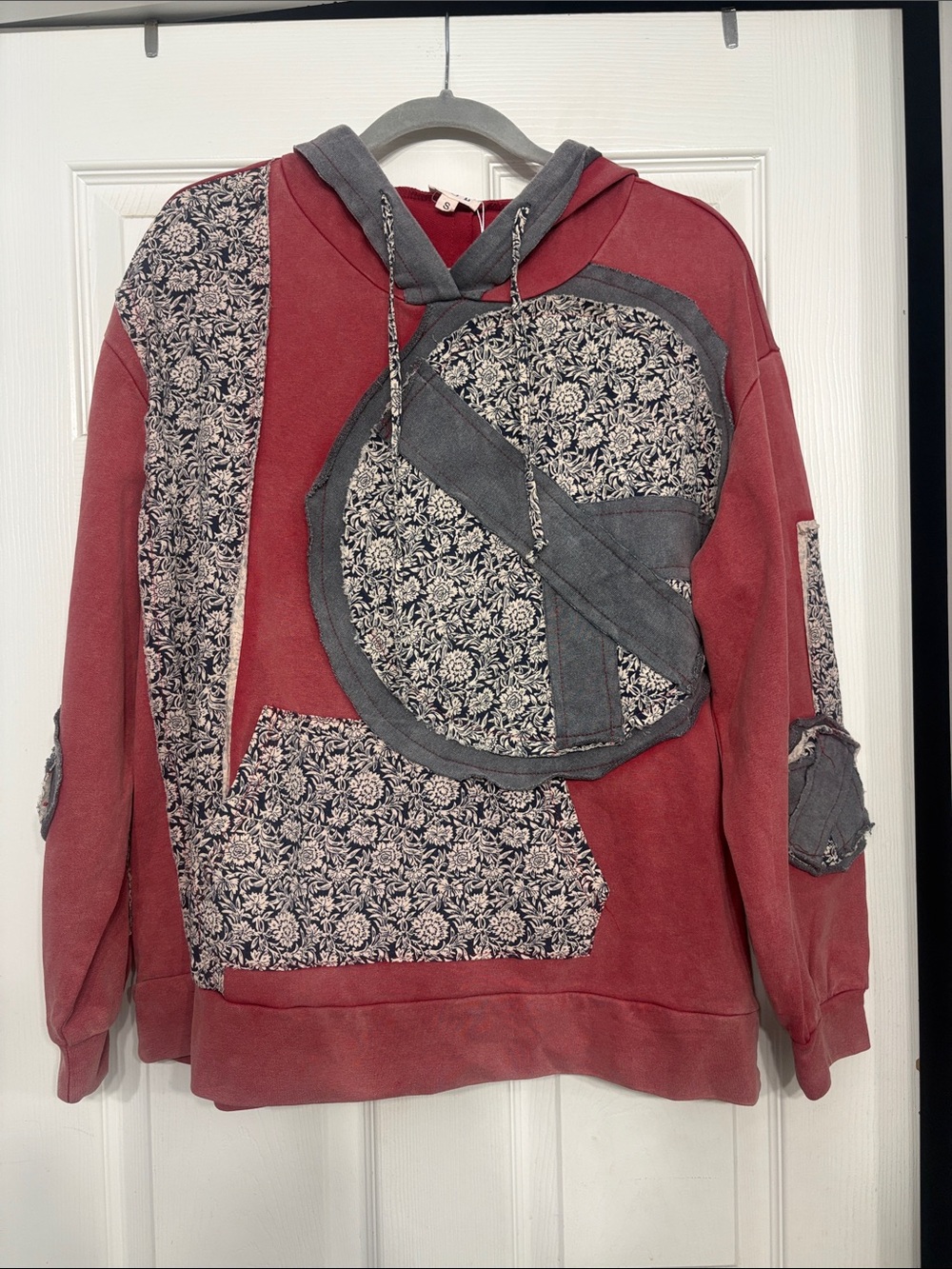 New POL Women's Patchwork Hooded Sweater - Red with Gray/Navy Floral Accents